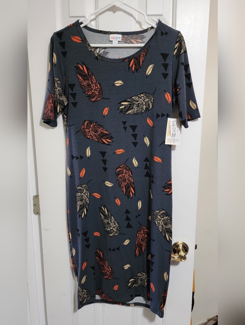 LuLaRoe Medium Navy Dress with Orange & Cream Feather Motif